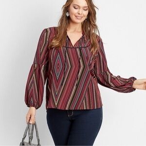 Maurice’s Geometric Striped Peasant Popover Blouse Balloon Sleeve Sz 2X
